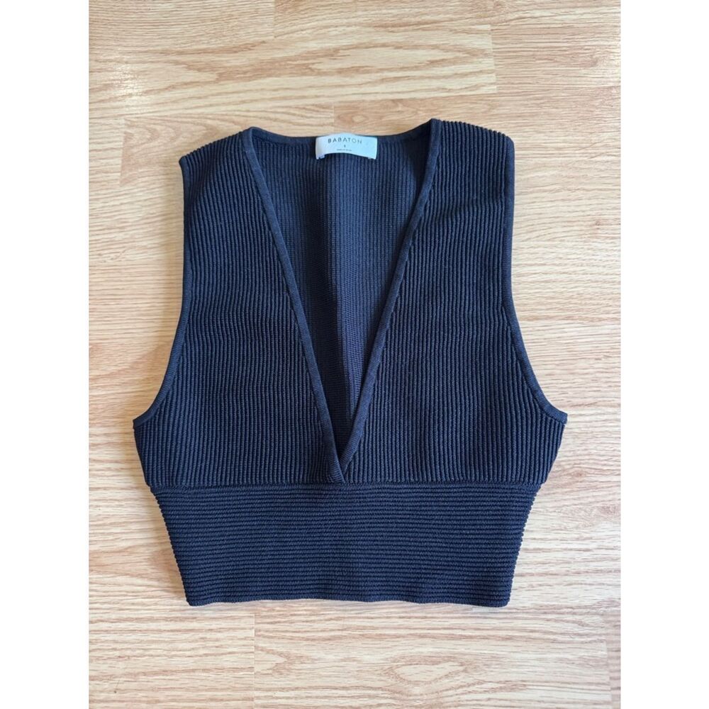Aritzia Babaton Women's Sculpt Knit Deep V Neck Tank Top in Black Size Small - Picture 4 of 7